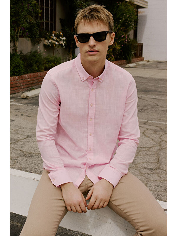 AC&Co / Altınyıldız Classics Erkek Pembe %100 Pamuk Oxford Slim Fit Dar Kesim Düğmeli Yaka Flamlı Gömlek