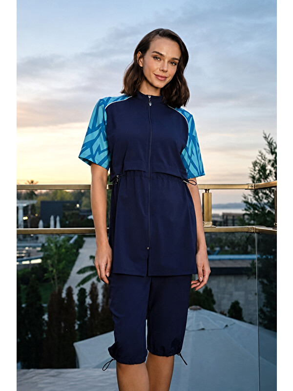 Haliç Mayo Kısa Kollu Taytlı Spor Elastanlı Yarı Kapalı Mayo 3416 Lacivert01