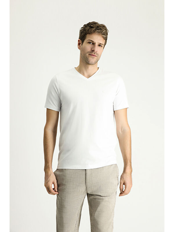 Kiğılı V Yaka Slim Fit Dar Kesim Süprem Pamuklu Tişört