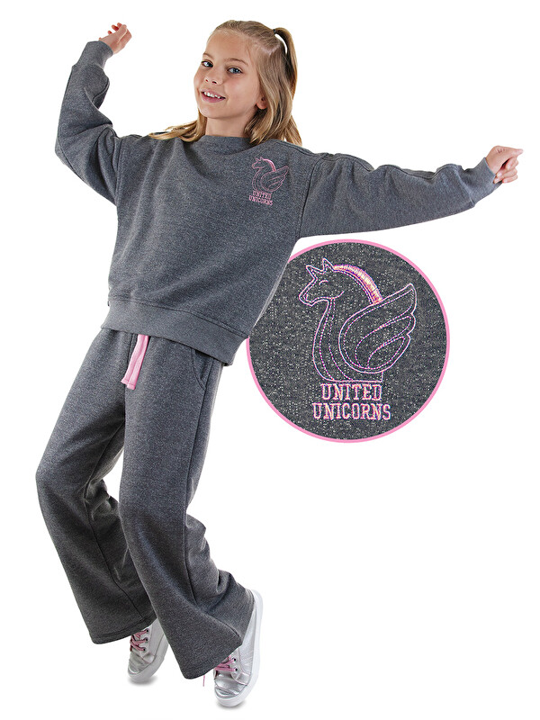 Denokids Kız Çocuk Gri Eşofman Takımı