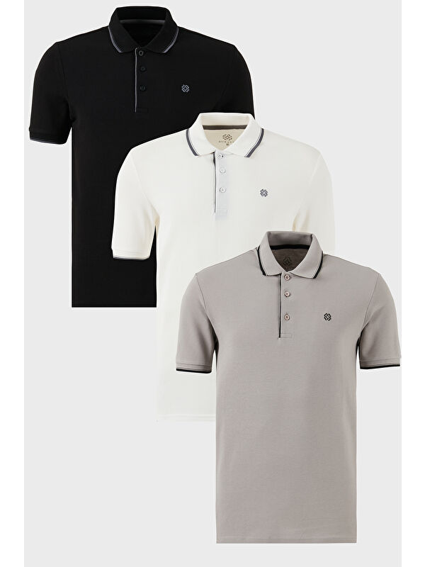 Buratti Pamuklu Slim Fit Şerit Detaylı Düğmeli Polo Yaka 3'lü Paket %100 Pamuk Tişört 5902118S3