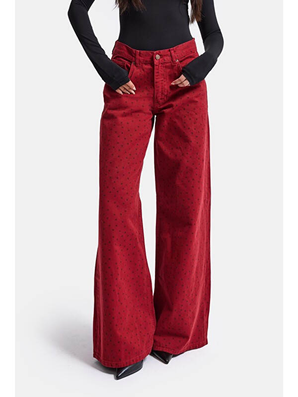 It's Basic Kadın Kırmızı Puantiye P-6w6-35 Palazzo Fit Denim Jean