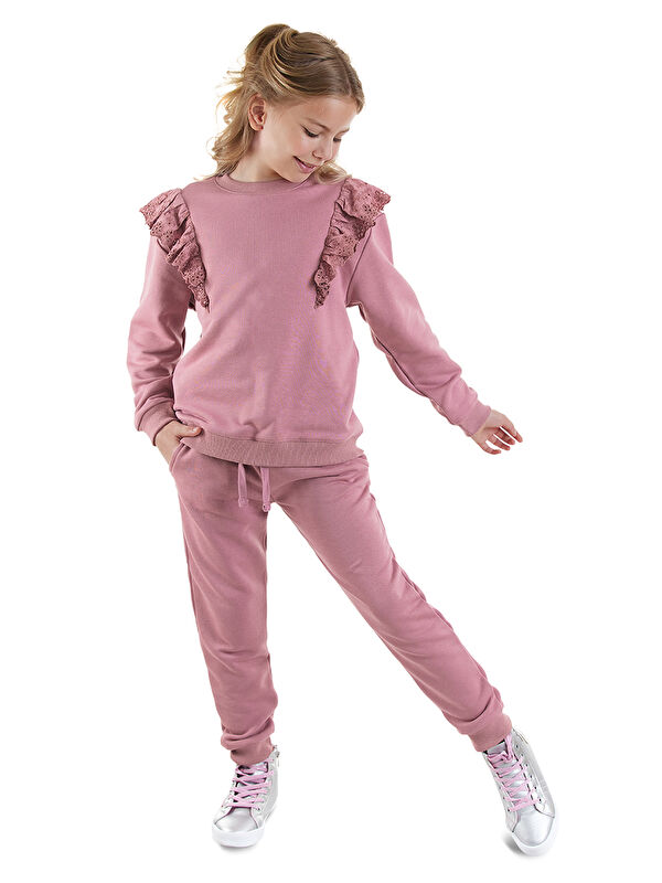 Denokids Fırfırlı Kız Çocuk Gül Kurusu Eşofman Takımı