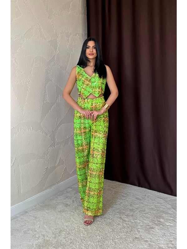 Jane's Yeşil Pullu Yelek Ve Pantolon Takım