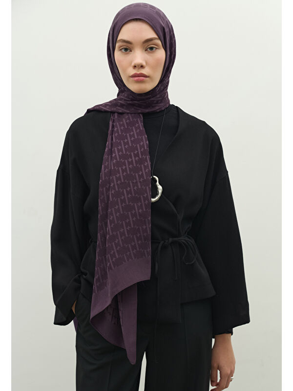 Fresh Scarfs MONOGRAM PAMUK FLOŞ JAKARLI ŞAL PATLICAN MORU