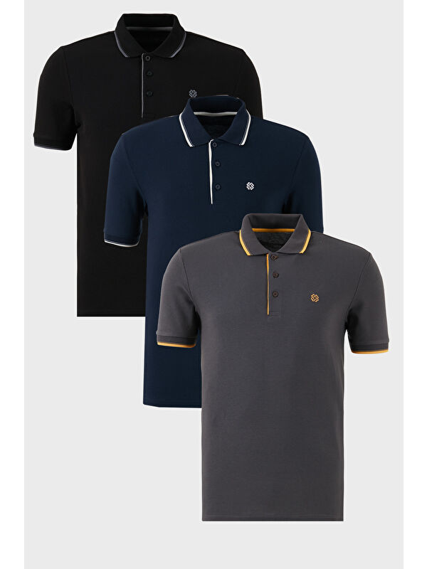 Buratti Pamuklu Slim Fit Şerit Detaylı Düğmeli Polo Yaka 3'lü Paket %100 Pamuk Tişört 5902118S3