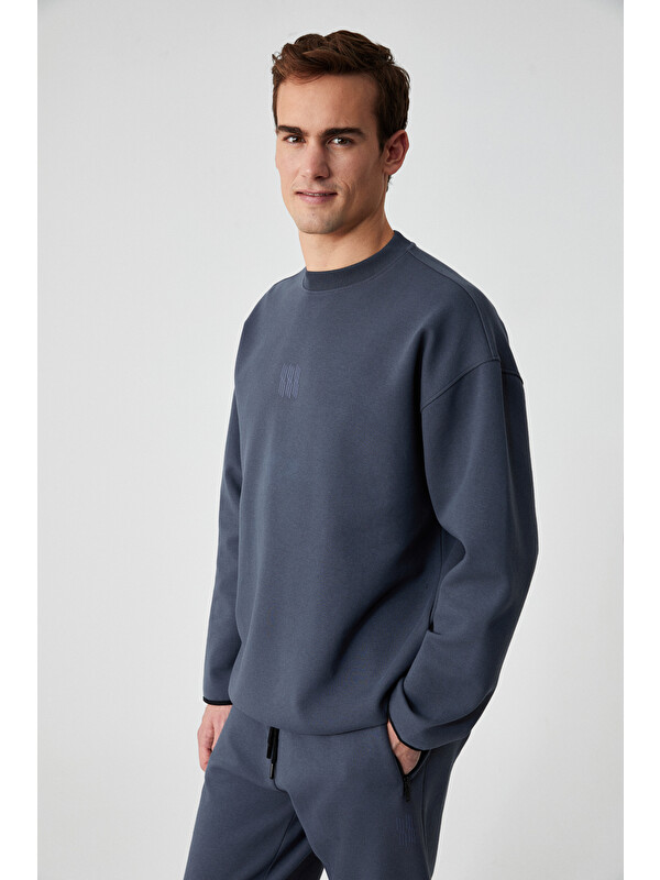 GRIMELANGE PLEMON Erkek Bisiklet Yaka Uzun Kol Baskı Detaylı Oversize GRİ Sweatshirt