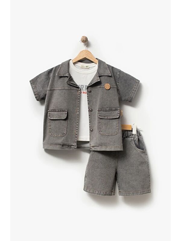Jikko Baby Jean Gömlek Jean Şort ve T-shirt 3lü Erkek Çocuk Takım