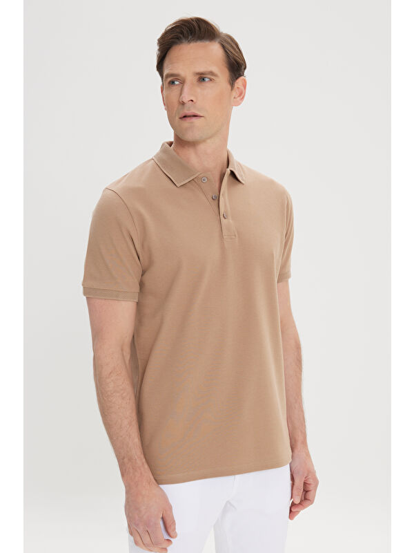AC&Co / Altınyıldız Classics Erkek Vizon Slim Fit Dar Kesim Polo Yaka %100 Pamuk Kısa Kollu Tişört