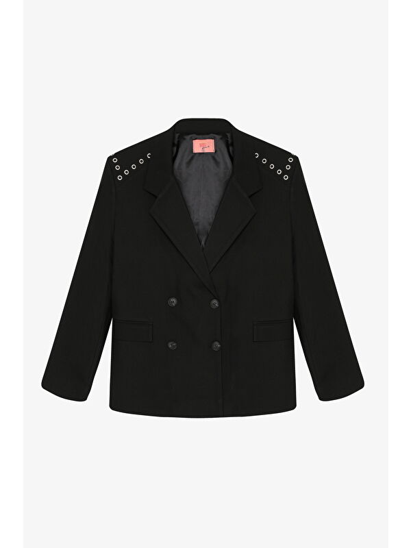 QUZU Kuş Gözü Detaylı Çift Düğmeli Oversize Blazer Ceket Siyah