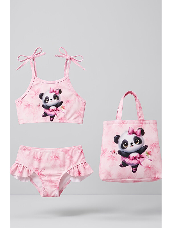 Modanino Kız Çocuk Çantalı 3'lü Mayo Takımı (Çanta+Mayo+Bikini) 3-10 Yaş 12732N