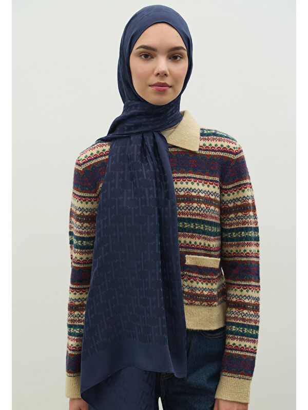 Fresh Scarfs MONOGRAM PAMUK FLOŞ JAKARLI ŞAL GECE MAVİSİ