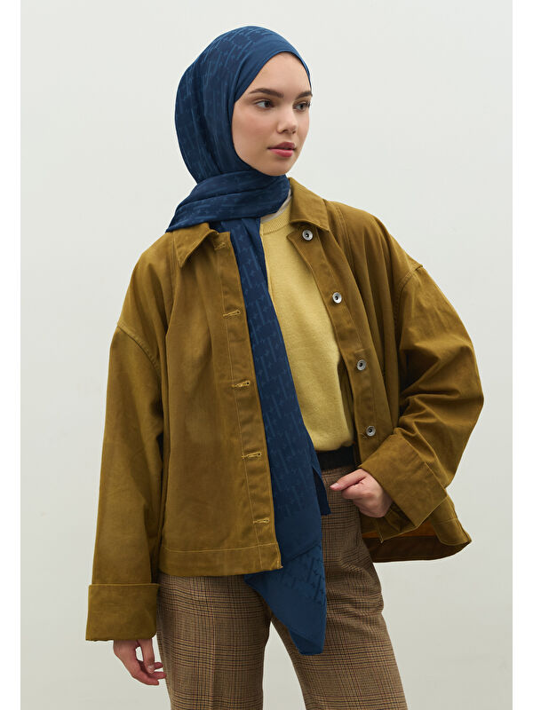 Fresh Scarfs MONOGRAM PAMUK FLOŞ JAKARLI ŞAL İNDİGO