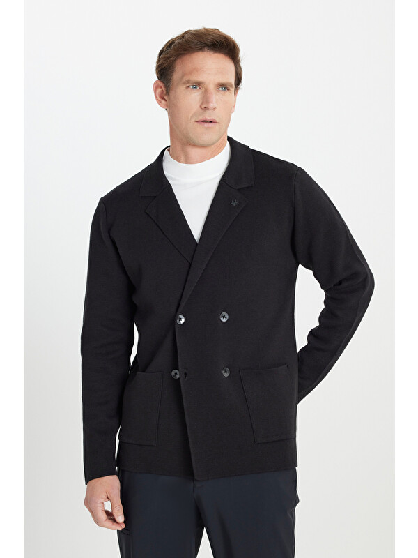 Altınyıldız Classics Erkek Siyah Pamuklu Standart Fit Normal Kesim Kruvaze Yaka Cepli Triko Blazer Ceket