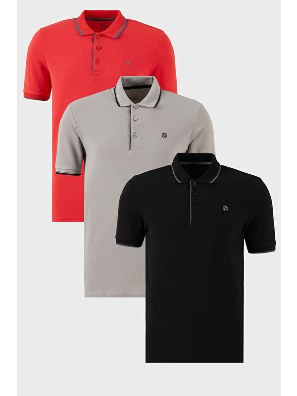 Buratti Pamuklu Slim Fit Şerit Detaylı Düğmeli Polo Yaka 3'lü Paket %100 Pamuk Tişört 5902118S3
