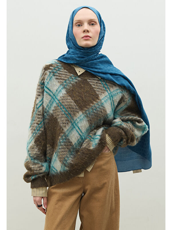 Fresh Scarfs MONOGRAM PAMUK FLOŞ JAKARLI ŞAL Jean MAVİ