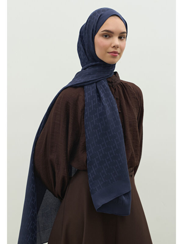 Fresh Scarfs MONOGRAM PAMUK FLOŞ JAKARLI ŞAL KOYU LACIVERT