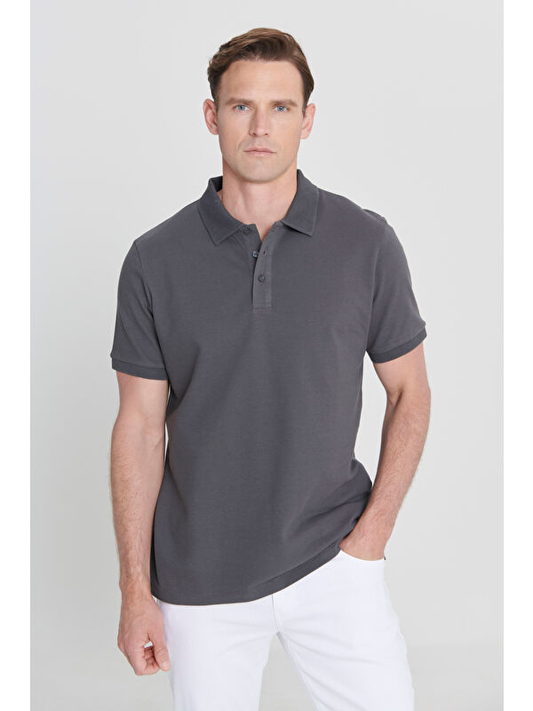 AC&Co / Altınyıldız Classics Erkek Antrasit Slim Fit Dar Kesim Polo Yaka %100 Pamuk Kısa Kollu Tişört