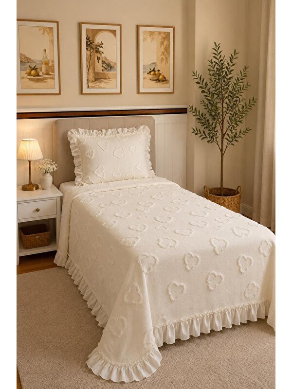 Çeyiz Diyarı Ruffle Pure Love 2 Parça Tek Kişilik Pike Takımı Krem
