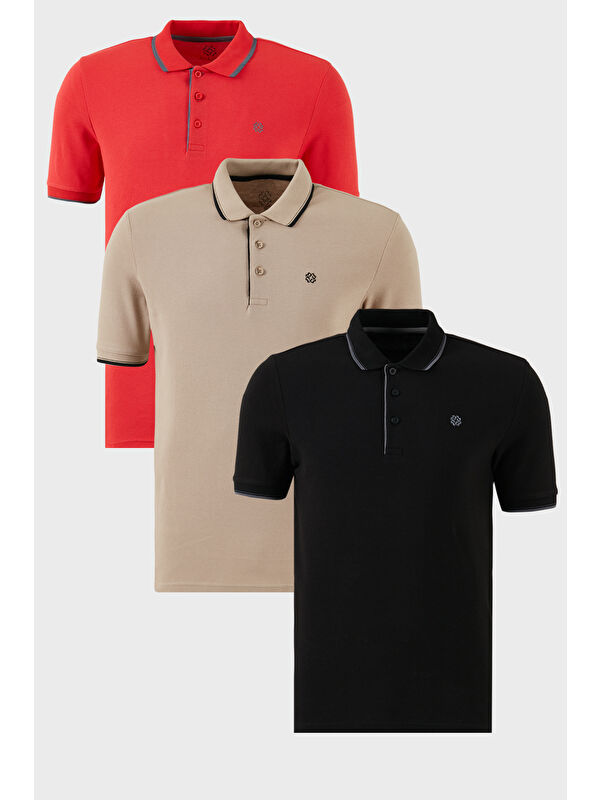 Buratti Pamuklu Slim Fit Şerit Detaylı Düğmeli Polo Yaka 3'lü Paket %100 Pamuk Tişört 5902118S3