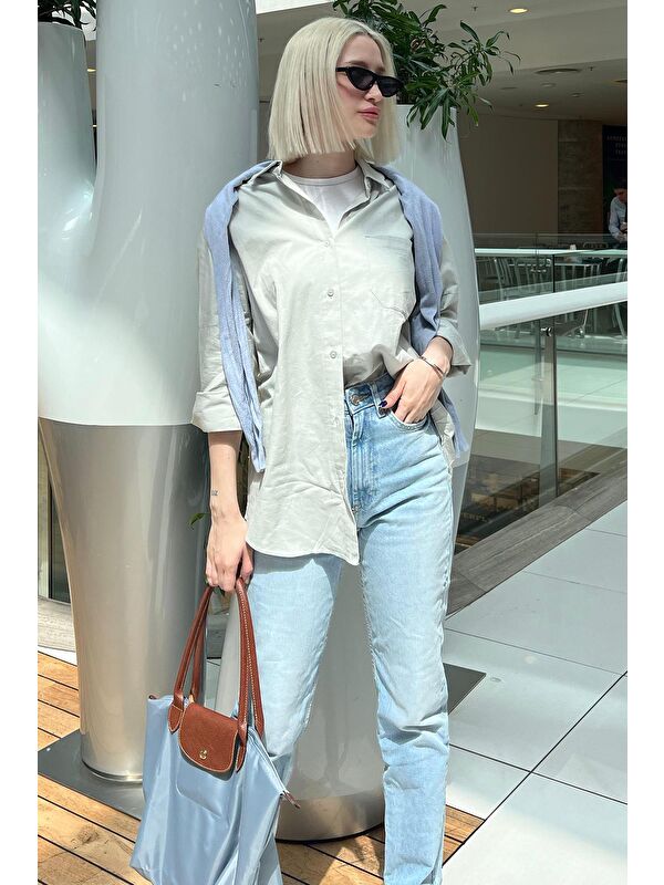 Madmext Gri Oversize Basic Cepli Poplin Gömlek Mg1530