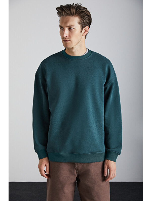 GRIMELANGE Stephan Erkek Yumuşacık Kumaşlı organik Pamuklu Oversize Fit Yuvarlak Yakalı KOYU YEŞİL Sweatshirt