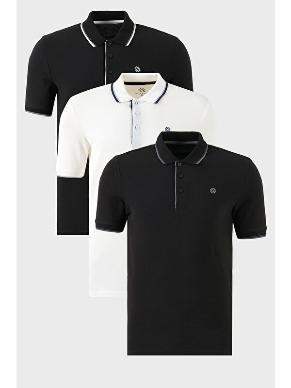 Buratti Pamuklu Slim Fit Şerit Detaylı Düğmeli Polo Yaka 3'lü Paket %100 Pamuk Tişört 5902118S3