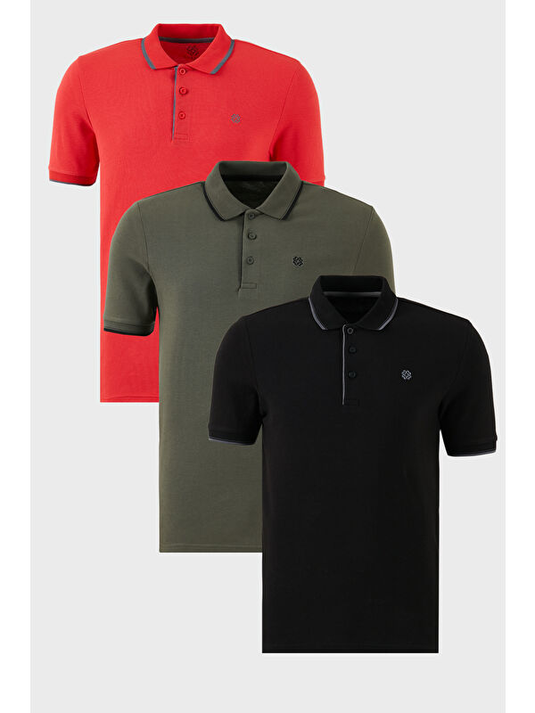 Buratti Pamuklu Slim Fit Şerit Detaylı Düğmeli Polo Yaka 3'lü Paket %100 Pamuk Tişört 5902118S3