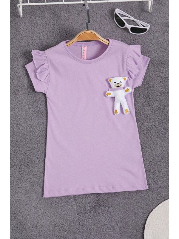 Pembe Life Kids Club Lila Pelüş Ayıcıklı Fırfırlı Kız Çocuk T-shirt 15536