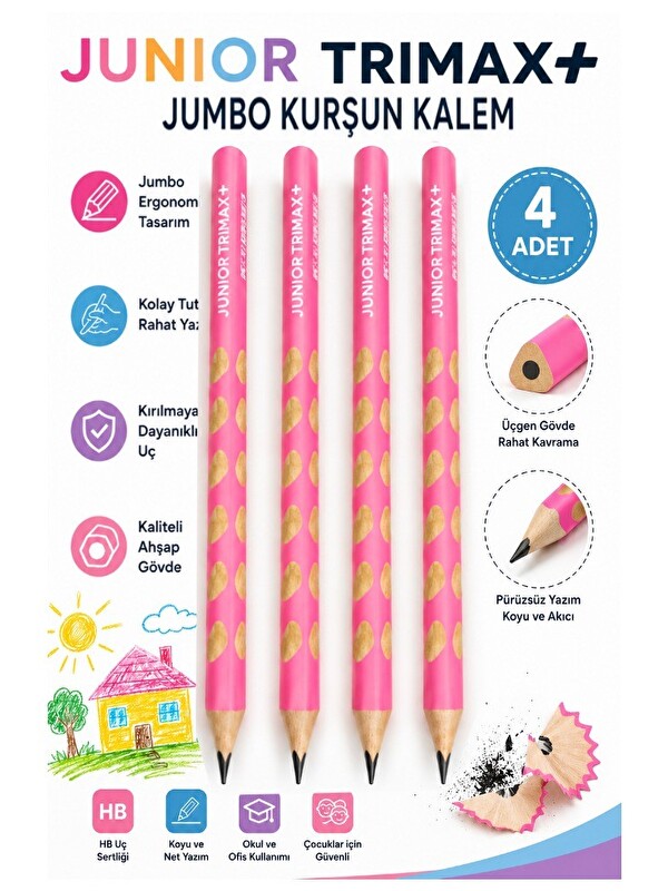 Artlantis Pembe Jumbo Kurşun Kalem Oluklu 4 Adet Alpino Trimax Üçgen Oluklu Kalın Kalem Pastel Renkler Kolay T