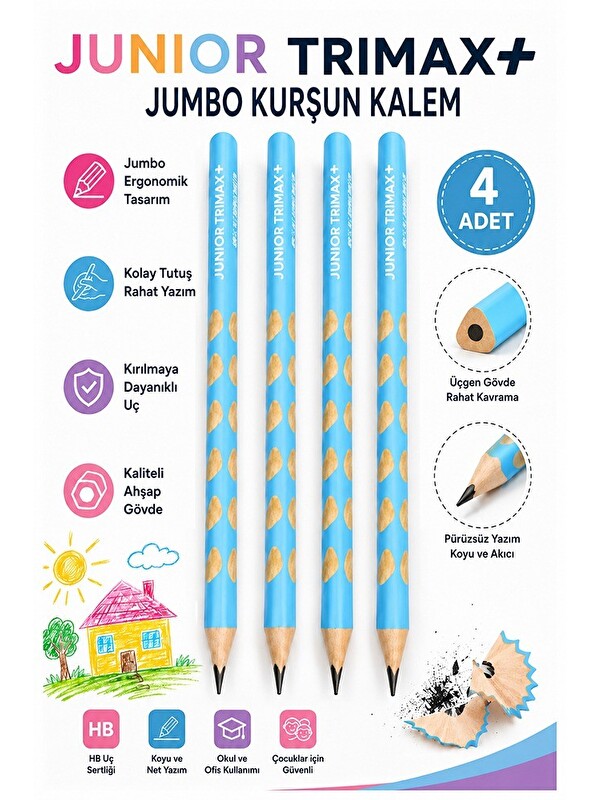 Artlantis Turkuaz Jumbo Kurşun Kalem Oluklu 4 Adet Alpino Trimax Üçgen Oluklu Kalın Kalem Pastel Renkler Kolay