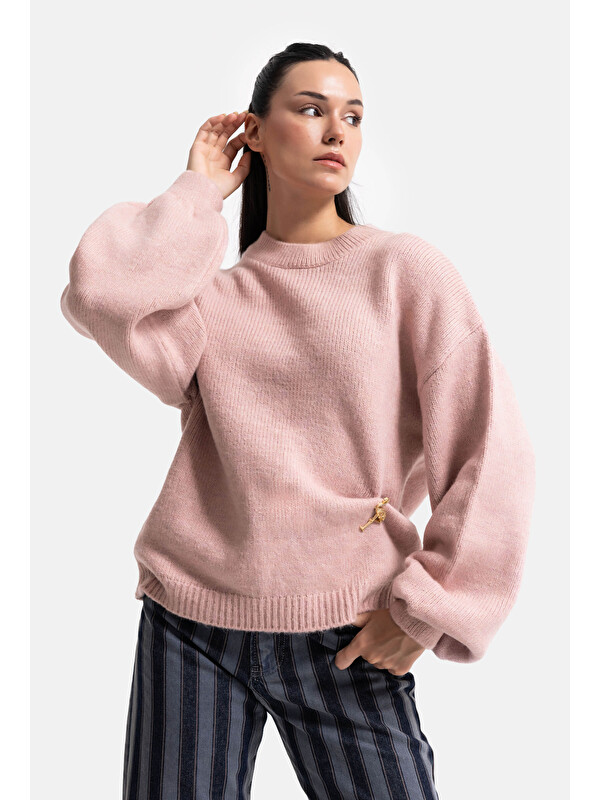It's Basic Kadın Pembe w6-98 Oversize Aksesuar Detaylı Tasarım Triko Kazak