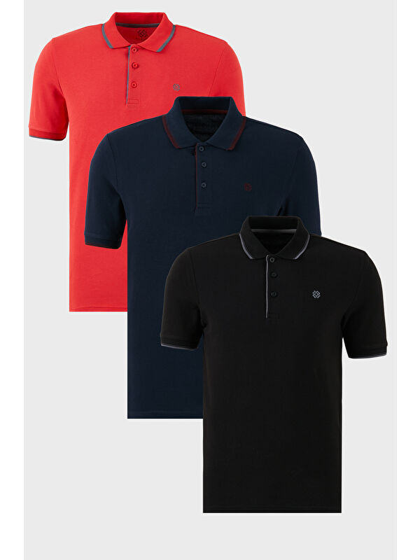 Buratti Pamuklu Slim Fit Şerit Detaylı Düğmeli Polo Yaka 3'lü Paket %100 Pamuk Tişört 5902118S3
