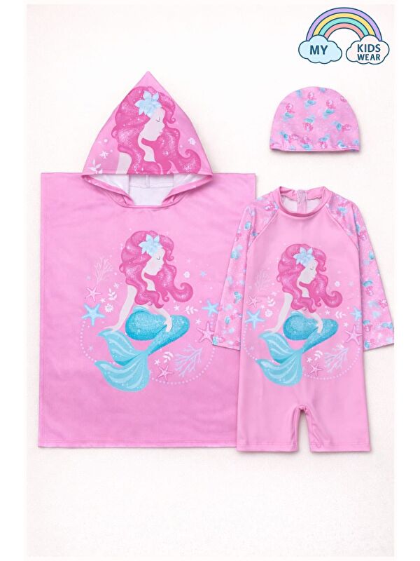 My Kids Wear Kız Çocuk Deniz Kombini 3’lü Set – Mayo, Havlu ve Bone 12578