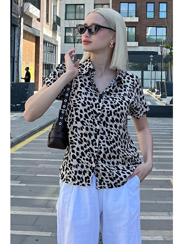 Madmext Ekru Leopar Desenli Kısa Kollu Kadın Gömlek Mg2098