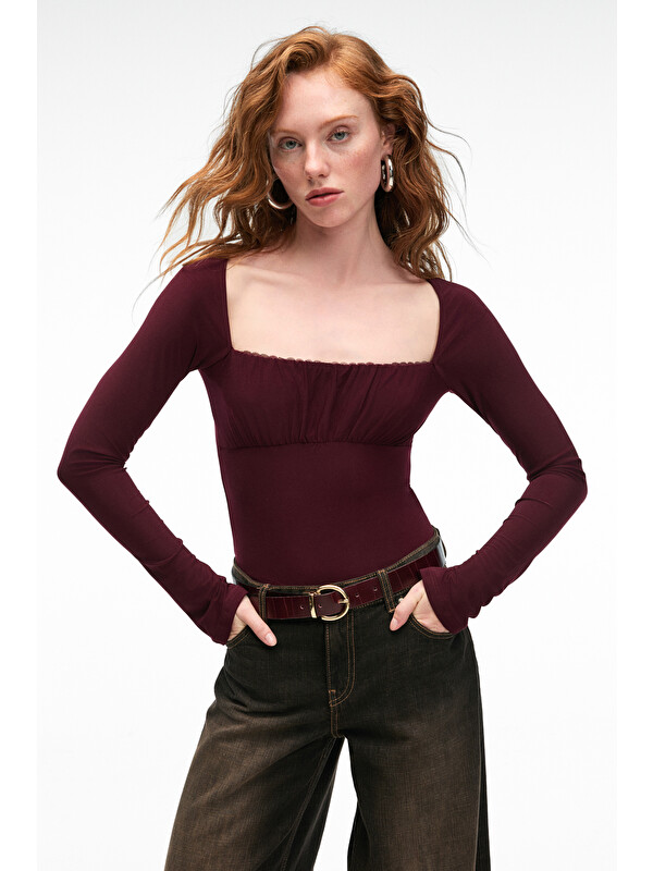 GRIMELANGE SILIVRA Kadın Havuz Yakalı Esnek Kumaşlı Slim Fit BORDO Bluz