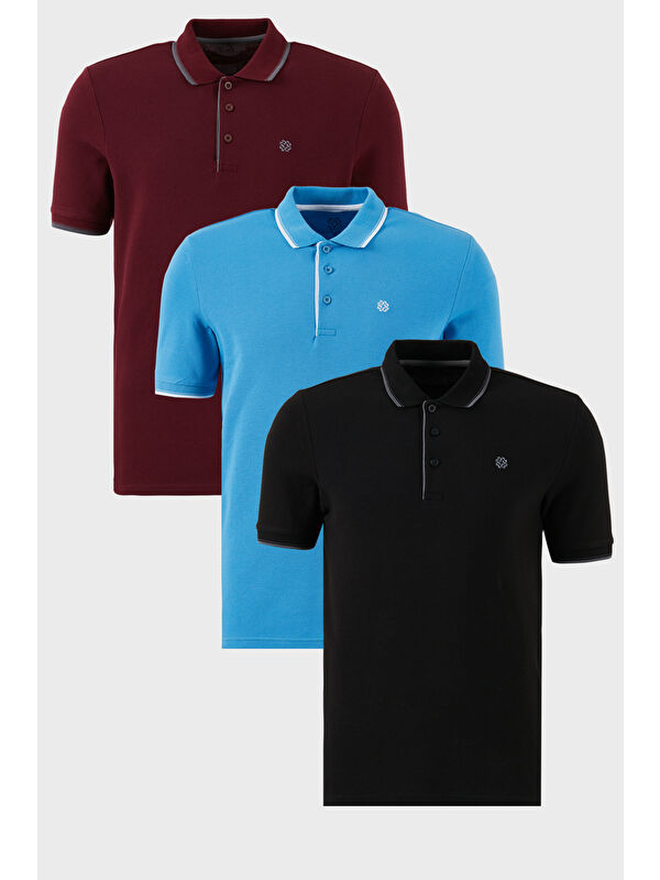 Buratti Pamuklu Slim Fit Şerit Detaylı Düğmeli Polo Yaka 3'lü Paket %100 Pamuk Tişört 5902118S3