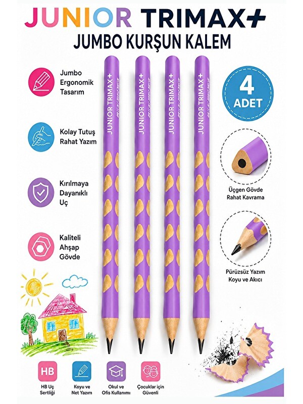 Artlantis Lila Jumbo Kurşun Kalem Oluklu 4 Adet Alpino Trimax Üçgen Oluklu Kalın Kalem Pastel Renkler Kolay Tu
