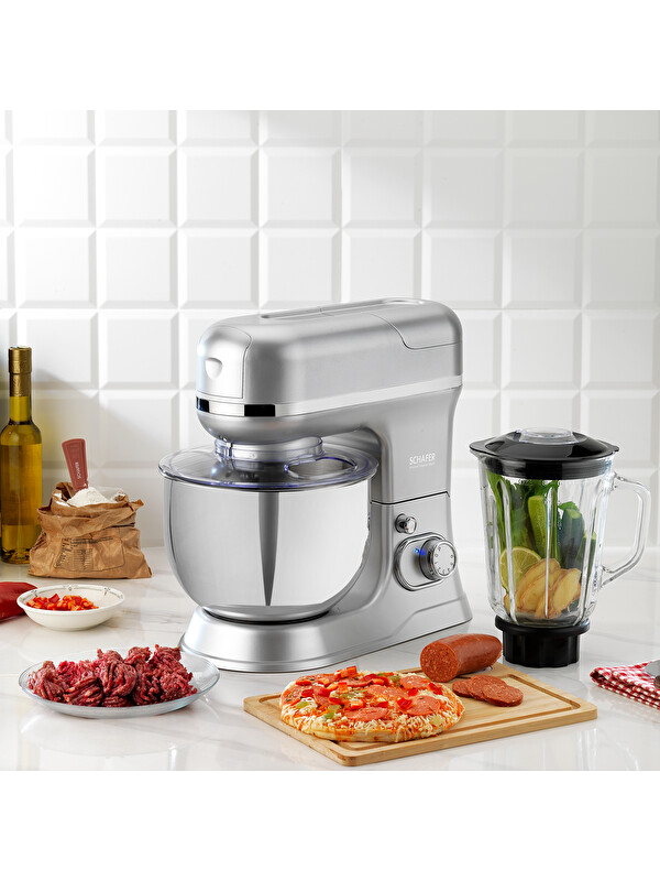 SCHAFER Prochef Master Multi Kıyma ve Sürahi Blender Aparatlı Stand Mikser 5 L-Gümüş