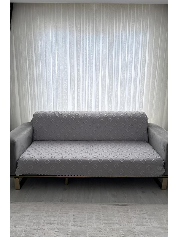 Çeyiz Diyarı Fitilli Pondü 170x210 cm Kaymaz Taban Koltuk Örtüsü Gri