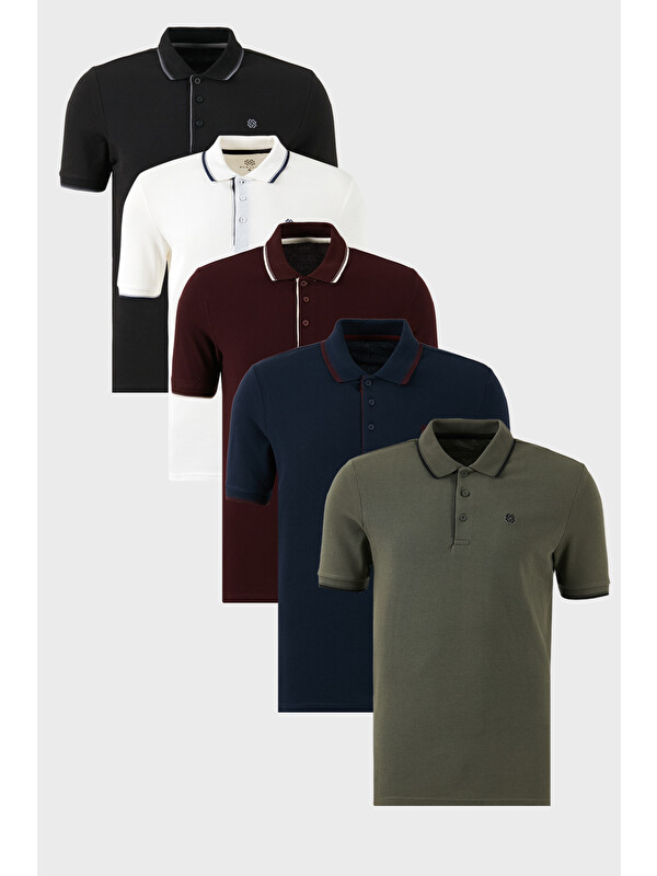 Buratti Pamuklu Slim Fit Şerit Detaylı Düğmeli Polo Yaka 5'li Paket %100 Pamuk Tişört 5902118S5