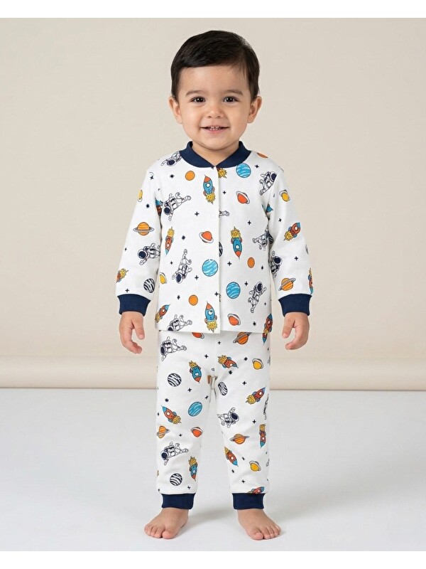 Ege Bebek Erkek Çocuk Çıtçıtlı Astronot Baskılı 0-6 Yaş %100 Pamuklu Mevsimlik Pijama Takımı