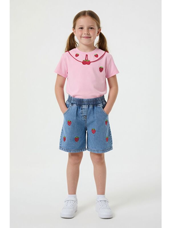 Cansın Mini Pembe Yakası Çilek Nakışlı Badili Jean Şortlu Kız Çocuk 2li Takım 24046