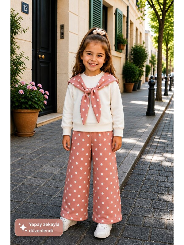 My Kids Wear Kız Çocuk Puantiyeli Fular Detaylı Krem Sweatshirt Ve Bol Paça Pantolon Takım 12935