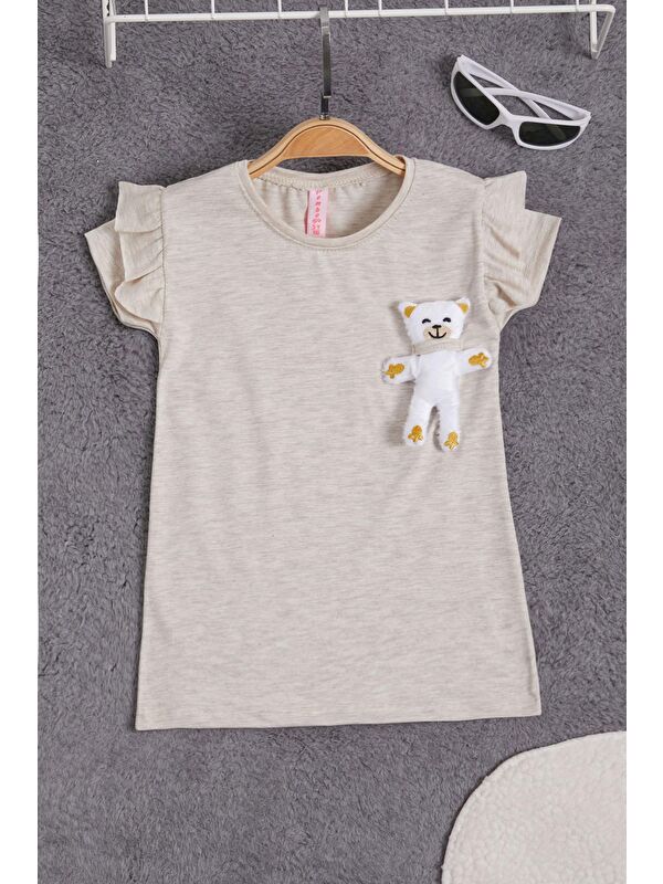 Pembe Life Kids Club Krem Pelüş Ayıcıklı Fırfırlı Kız Çocuk T-shirt 15535