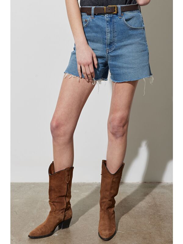 Wrangler Mavi Regular Fit Yüksek Bel Desenli Esnek Jean Şort