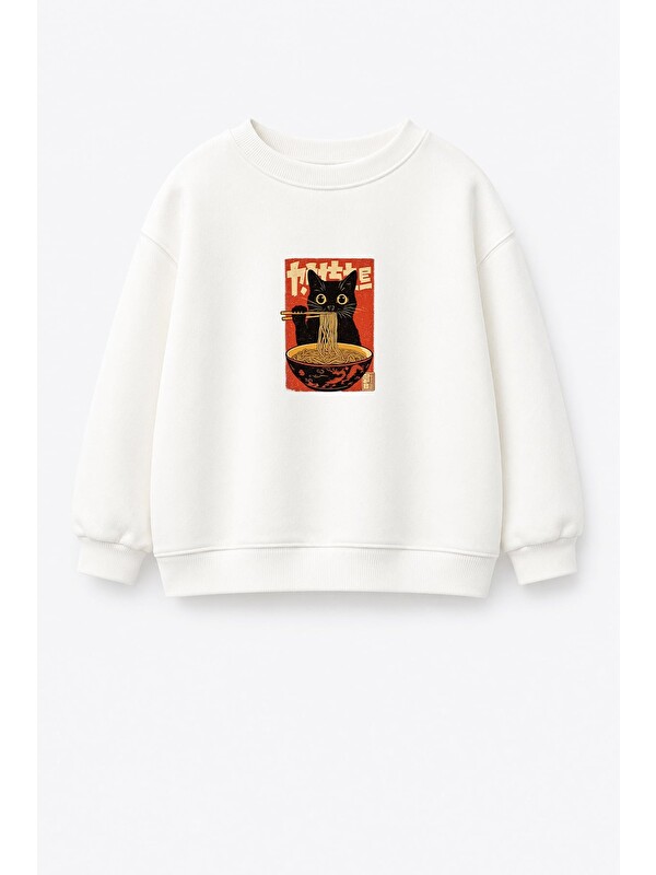 Monila Unisex Çocuk Beyaz Kedi Baskılı Pamuklu Sweatshirt