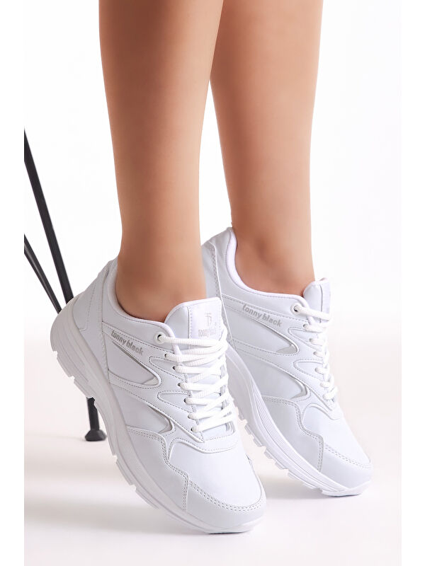 Unisex Beyaz Poli Taban Nefes Alabilen Kumaş Bağcıklı Spor Ayakkabı - Görsel 3