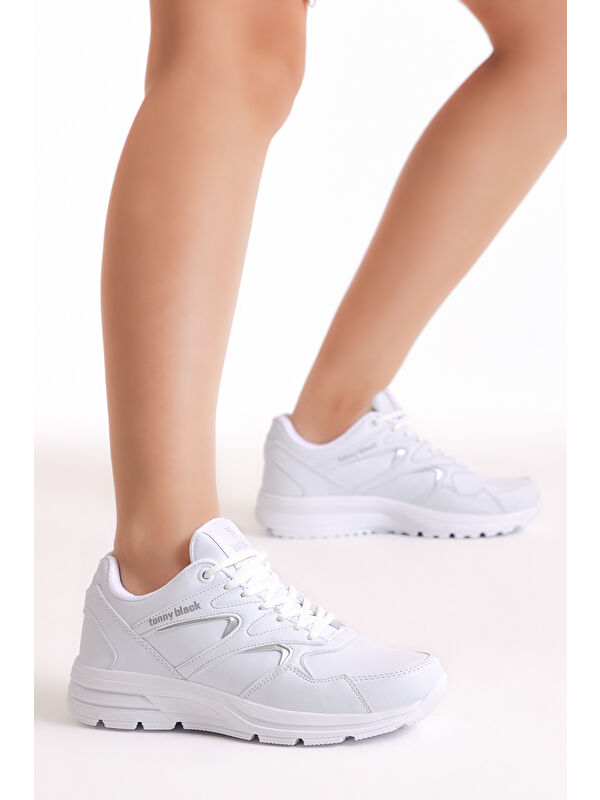 Unisex Beyaz Poli Taban Nefes Alabilen Kumaş Bağcıklı Spor Ayakkabı - Görsel 4