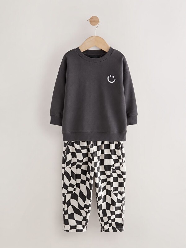 Magu Çocuk  Smiley Baskılı Antrasit Sweatshirt Ve Dama Desenli Eşofman Takımı